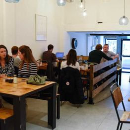Interior of a busy day in Social Fabric Café