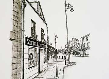 Line drawing of the Social Fabric Café exterior