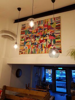 Abstract painting inside social media cafe